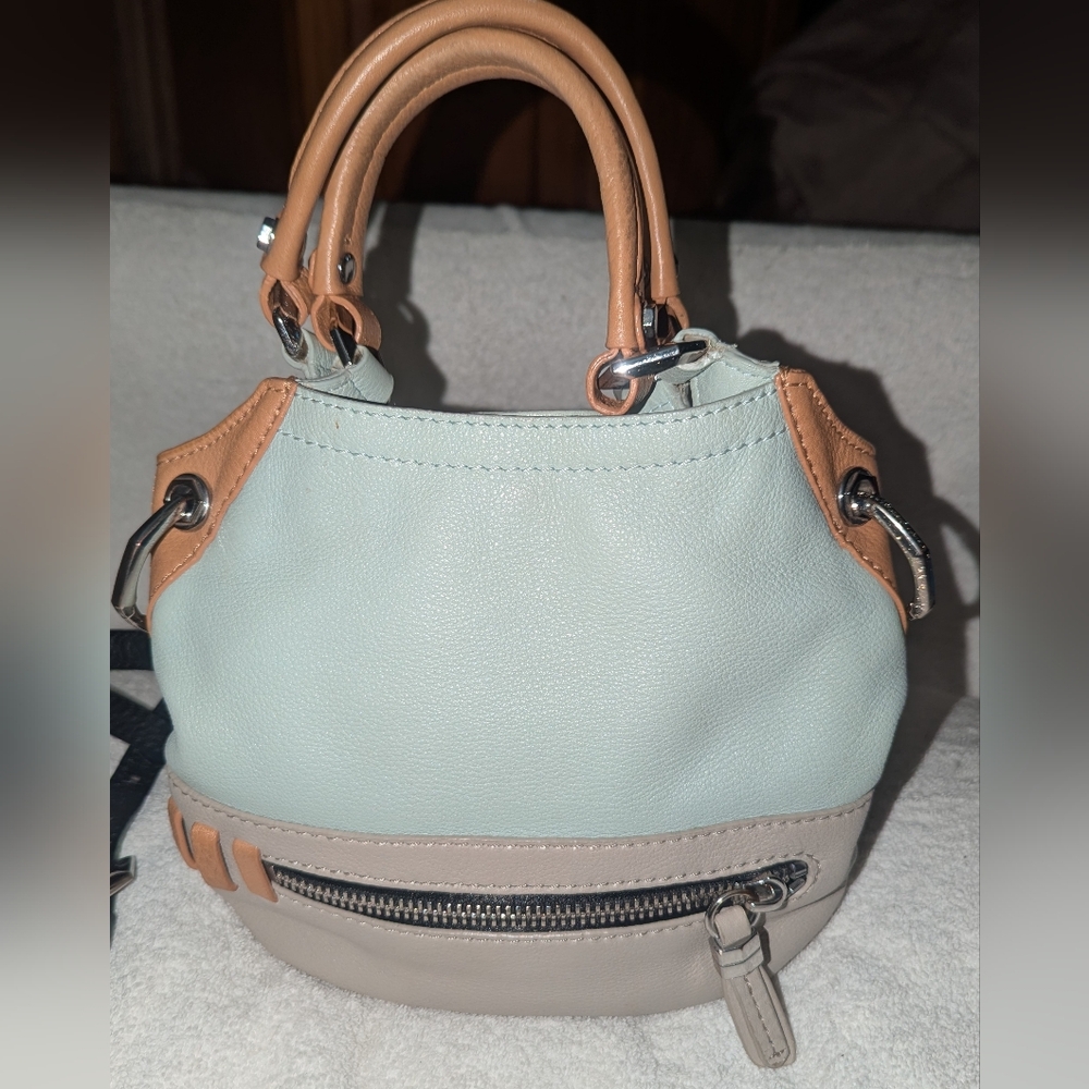 orYani Mini Sydney Cream and Tan And Seafoam Blue Hobo Bag with Textured Finish
